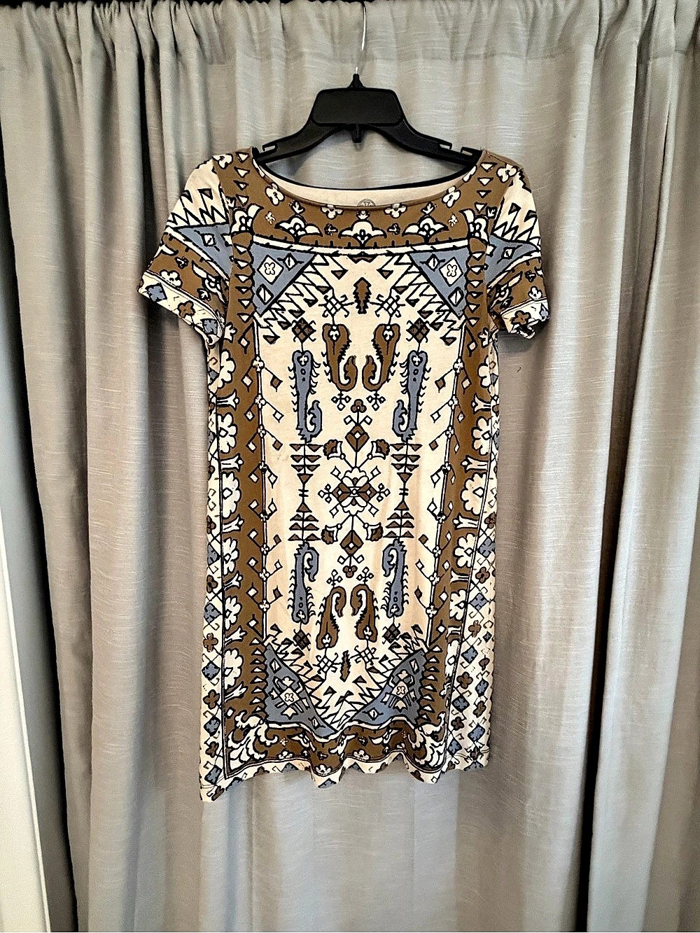 Tory Burch Geometric Pima Cotton Tee in Brown & Cream Size XS